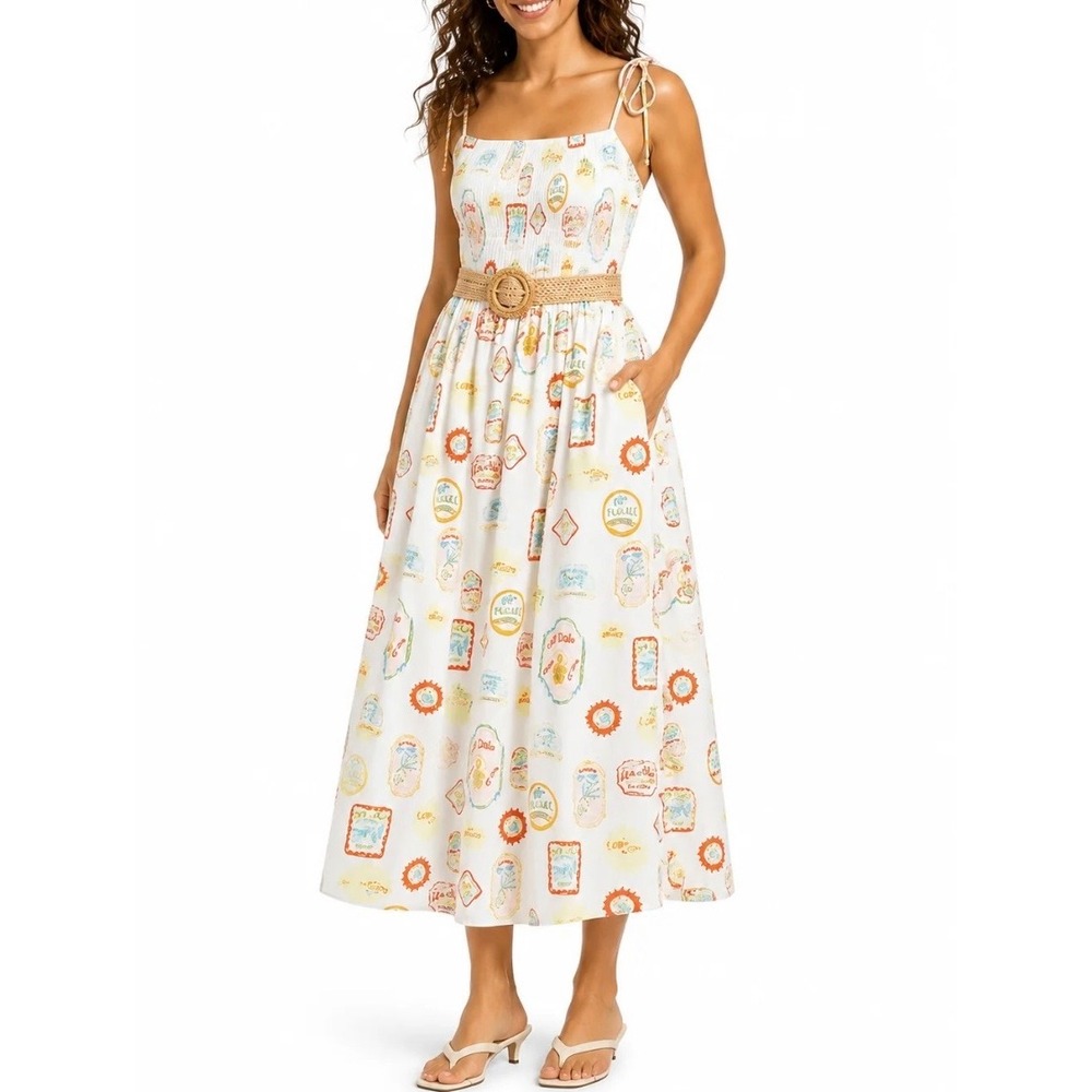 Cynthia Rowley Novelty Print Sundress Midi Smocked Woven Belt Cotton Womens S